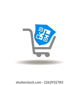 Vector illustration of shopping cart and shield with qr code. Icon of online payment. Symbol of security pay transaction technology.