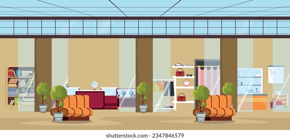 Vector illustration of a shopping center with different shops. Cartoon scene of a shopping center with shops: books, jewelry, clothes, equipment for pets, benches and decorative trees.