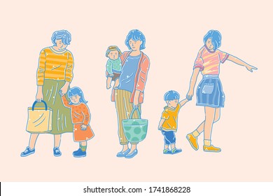 Vector illustration of shopping characters with mom and kids out