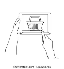 Vector illustration shopping concept. Continuous one line drawing. Tablet PC with shopping basket. Perfect for greeting cards, posters, stickers.