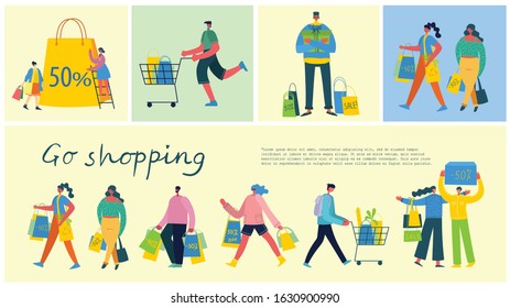 Vector illustration Shopping concept with different people for website and mobile website development in the flat design