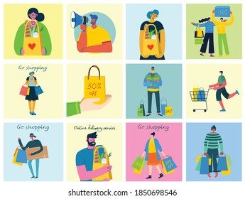 Ilustración vectorial Concepto de compras con diferentes personas para el desarrollo de sitios web y móviles en el diseño plano