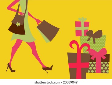 Vector illustration of shopping girl. Includes shopping bags and present boxes