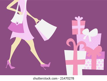 Vector illustration of shopping girl. Includes shopping bags and present boxes