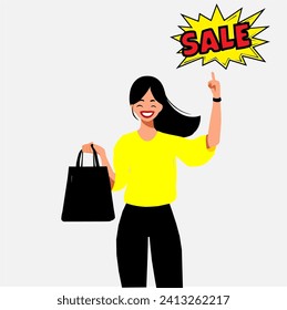 Vector illustration with shopping girl.  Lady smiling with shopping bags. Explosive sale label promotion flat vector illustration isolated on white background for web design and store. sale, discounts