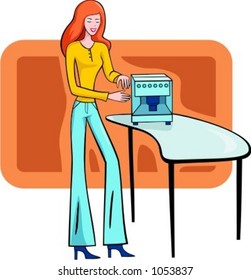 A vector illustration of a shopping girl looking at a coffee machine.