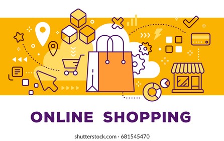 Vector illustration of shopping hand bag, store and icons. Online shopping concept on yellow background with title. Thin line art flat style design for web, site, banner, business presentation