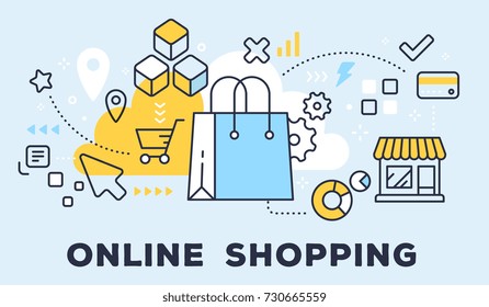 Vector illustration of shopping hand bag, store and icons. Online shopping concept on blue background with title. Thin line art flat style design for web, site, banner, business presentation