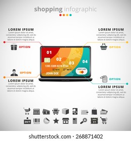 Vector illustration of shopping infographic made of credit card and notebook.