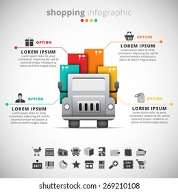 Vector illustration of shopping infographic made of truck and boxes.