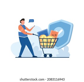 Vector illustration of shopping man with his trolley full of NFT non-fungible tokens for cryptocurrency background.