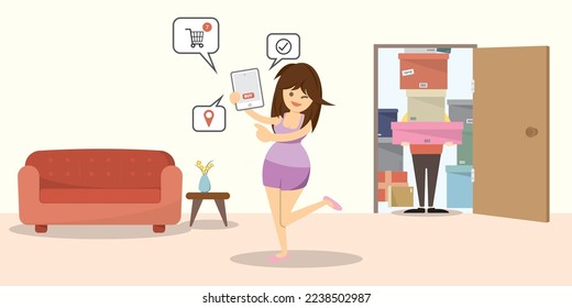 Vektorgrafik des Online-Shopping-Konzepts. Frauen, die Smartphone oder Tablet für den Online-Einkauf zu Hause verwenden, haben Lieferant eine Menge Kisten hinter der Tür tragen.
