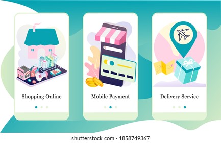Ilustración vectorial de Shopping Online, Mobile Payment and Delivery Service en las pantallas de aplicaciones y concepto web de la aplicación en el embarque. Interfaz UX, interfaz de usuario de interfaz gráfica de usuario (GUI) plantilla de pantalla para banners de la aplicación para smartphone o sitio web.