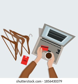 
vector illustration, shopping, shopping. Online store, discounts, sale, buy clothes. Hangers, computer, work. Typing, card purchase, Bank transfer.buying gifts,discount
