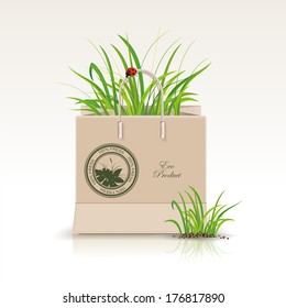 Vector illustration of  shopping paper bag with green symbol. Environmentally friendly products and greens in a package.