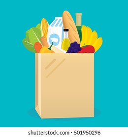 Vector illustration of shopping paper bag with groceries products. 