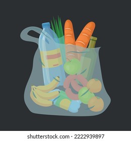 Vector illustration of shopping plastic bag with groceries products.