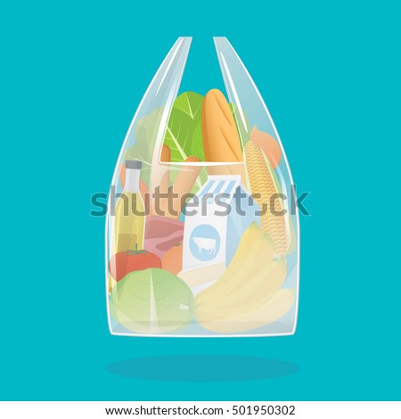 Vector illustration of shopping plastic bag with groceries products. 