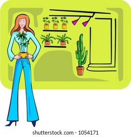 A vector illustration of a shopping red-haired girl holding a flowerpot.  Also can be used for a selling girl.