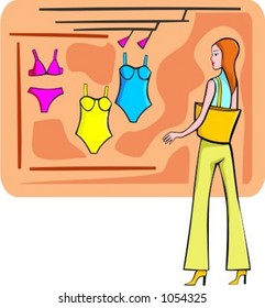 A vector illustration of a shopping red-haired girl looking at a swimwears shop window.