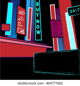 Vector illustration - shopping street with bright neon signboard and showcases. Concept drawing of a big city lights - background elements for your design