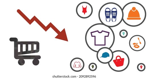 Vector Illustration Of Shopping Stroller Drop Down Arrow For Crisis In Retail And Supply Chain 