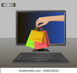 vector illustration of shopping through the Internet online product delivery delivery of shopping bags hand of laptop screen
