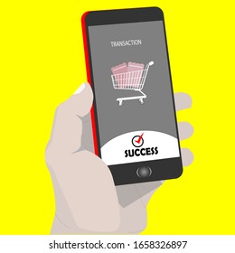 Vector illustration of shopping transactions made via a smartphone that was successfully carried out