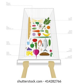 vector illustration. Shopping trolley with foods from above and hands info graphic