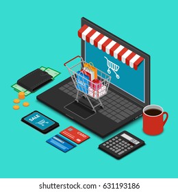 Vector illustration. Shopping trolley on the laptop keyboard on the desk. Wallet with money, bank cards, calculator, smart phone. Isometry, 3D. Design for online payments, store.