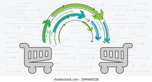 vector illustration of shopping trolleys with arrows between them for trade and purchasing concepts