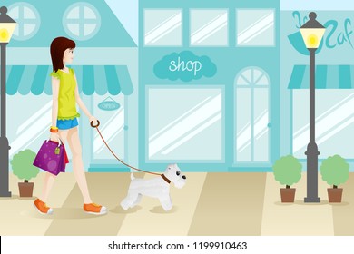 A vector illustration of Shopping Woman with Her Dog 