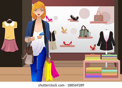 A vector illustration of shopping woman inside the clothing store holding a credit card