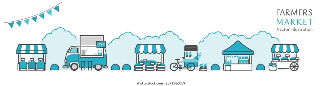 Vector illustration of shops lined up at a lively farmers market