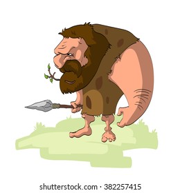 Vector illustration of a short cartoon caveman hunter with a spear.