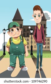 A Vector Illustration Of A Short Fat Boy And A Tall Skinny Boy, Can Be Used For Contrast Concept