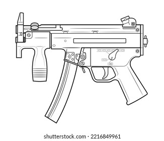 Vector Illustration Of The Short Machine Gun On The White Background. Left Side.
