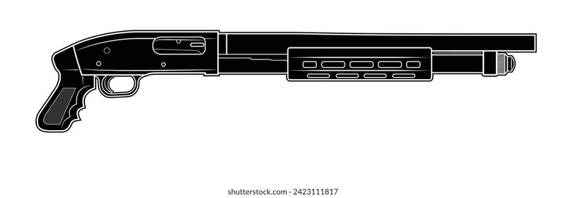 Vector illustration of the short pump-action shotgun on a white background. Black.