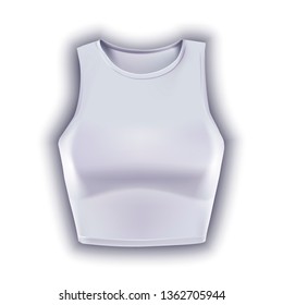 
Vector illustration of short tight fitting female sport white t-shirt. Fashionable sports women's clothing.