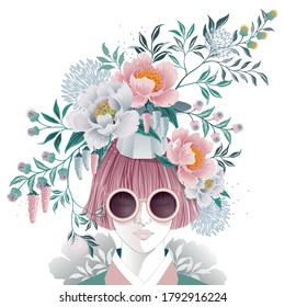 Ilustración vectorial de una niña de pelo corto con tocado floral. Diseño para marco de imagen, afiche, tarjeta de saludo e invitación