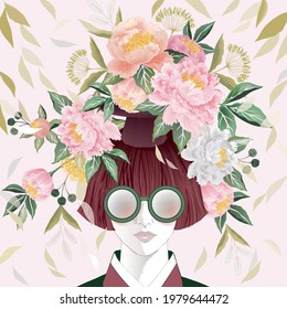 Vector illustration of a short-haired girl with floral headdress. Design for picture frame, poster, greeting card, and invitation