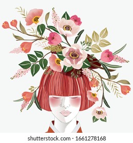 Vector illustration of a short-haired girl with flowers on her head, Korean traditional container decorating with flowers. Design for picture frame, poster, greeting card, and invitation
