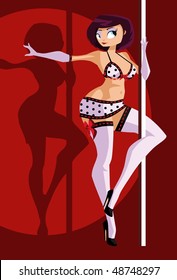 Vector illustration: short-haired sexy dancing striptease girl.