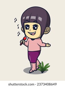 vector illustration of a short-haired woman singing using a microphone. surrounding plants.