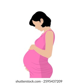 Vector illustration of a short-haired woman wearing a pink dress holding her pregnant belly