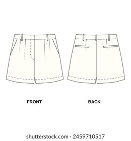 Vector illustration of shorts with flaps and pockets, front and back view. Outline drawing of stylish mini shorts for girls. Bermuda shorts template for women, white color.