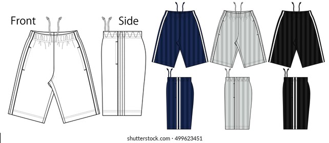 Vector illustration of shorts pants. Front back and side views.