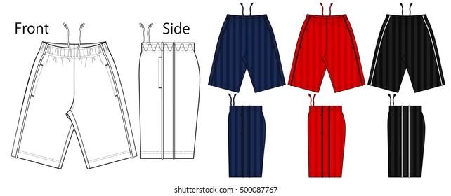 Vector illustration of shorts pants. Front and side views.
