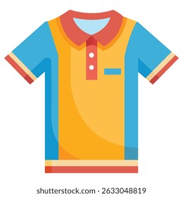 Vector illustration of a short-sleeved polo shirt with a pocket in blue, yellow, and red colors on a white background.