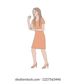 Vector illustration of shouting and arguing young woman in sketch style isolated on white background. Hand drawn screaming and misunderstanding female character demonstrating disagreement.